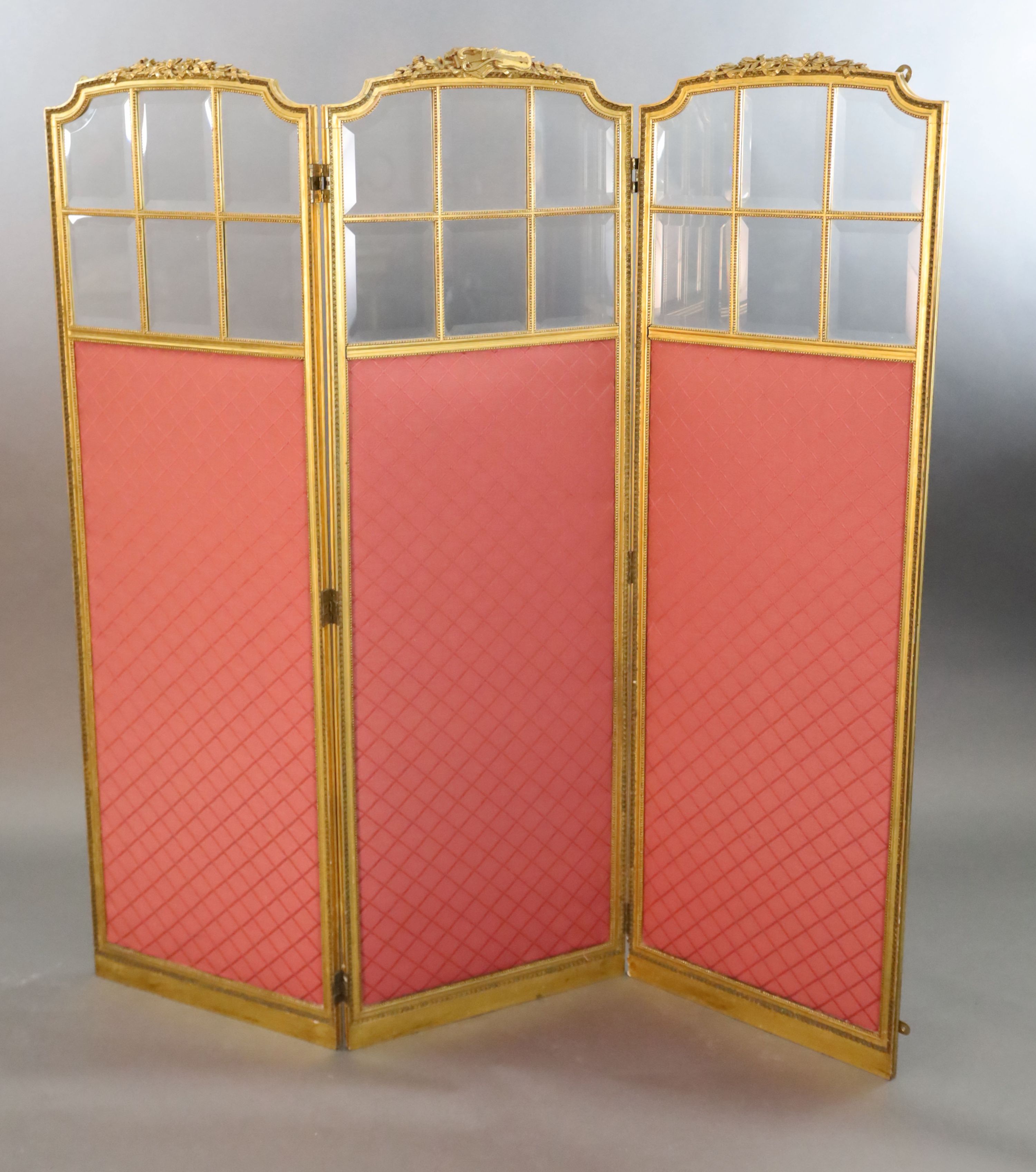 An early 20th century French giltwood three fold dressing screen, W.1ft 7in. H.4ft 9.5in.